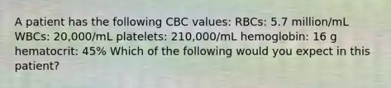 A patient has the following CBC values: RBCs: 5.7 million/mL WBCs: 20,000/mL platelets: 210,000/mL hemoglobin: 16 g hematocrit: 45% Which of the following would you expect in this patient?