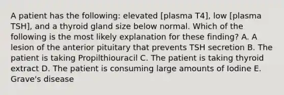 A patient has the following: elevated [plasma T4], low [plasma TSH], and a thyroid gland size below normal. Which of the following is the most likely explanation for these finding? A. A lesion of the anterior pituitary that prevents TSH secretion B. The patient is taking Propilthiouracil C. The patient is taking thyroid extract D. The patient is consuming large amounts of Iodine E. Grave's disease