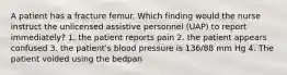 A patient has a fracture femur. Which finding would the nurse instruct the unlicensed assistive personnel (UAP) to report immediately? 1. the patient reports pain 2. the patient appears confused 3. the patient's blood pressure is 136/88 mm Hg 4. The patient voided using the bedpan