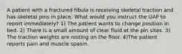 A patient with a fractured fibula is receiving skeletal traction and has skeletal pins in place. What would you instruct the UAP to report immediately? 1) The patient wants to change position in bed. 2) There is a small amount of clear fluid at the pin sites. 3) The traction weights are resting on the floor. 4)The patient reports pain and muscle spasm.