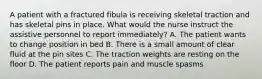 A patient with a fractured fibula is receiving skeletal traction and has skeletal pins in place. What would the nurse instruct the assistive personnel to report immediately? A. The patient wants to change position in bed B. There is a small amount of clear fluid at the pin sites C. The traction weights are resting on the floor D. The patient reports pain and muscle spasms