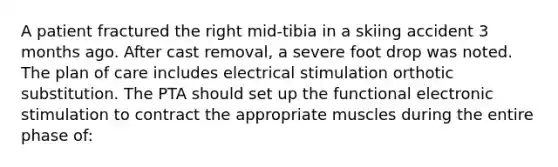 A patient fractured the right mid-tibia in a skiing accident 3 months ago. After cast removal, a severe foot drop was noted. The plan of care includes electrical stimulation orthotic substitution. The PTA should set up the functional electronic stimulation to contract the appropriate muscles during the entire phase of: