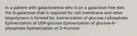 In a patient with galactosemia who is on a galactose free diet, the D-galactose that is required for cell membrane and other biopolymers is formed by: Isomerization of glucose-I-phosphate Epimerization of UDP-glucose Epimerization of glucose-6-phosphate Epimerization of D-fructose