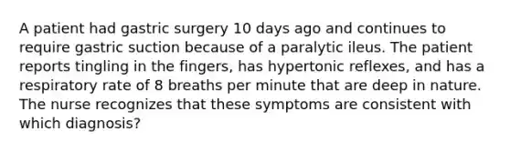 A patient had gastric surgery 10 days ago and continues to require gastric suction because of a paralytic ileus. The patient reports tingling in the fingers, has hypertonic reflexes, and has a respiratory rate of 8 breaths per minute that are deep in nature. The nurse recognizes that these symptoms are consistent with which diagnosis?