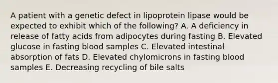 A patient with a genetic defect in lipoprotein lipase would be expected to exhibit which of the following? A. A deficiency in release of fatty acids from adipocytes during fasting B. Elevated glucose in fasting blood samples C. Elevated intestinal absorption of fats D. Elevated chylomicrons in fasting blood samples E. Decreasing recycling of bile salts