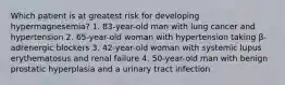 Which patient is at greatest risk for developing hypermagnesemia? 1. 83-year-old man with lung cancer and hypertension 2. 65-year-old woman with hypertension taking β-adrenergic blockers 3. 42-year-old woman with systemic lupus erythematosus and renal failure 4. 50-year-old man with benign prostatic hyperplasia and a urinary tract infection