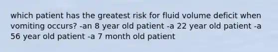 which patient has the greatest risk for fluid volume deficit when vomiting occurs? -an 8 year old patient -a 22 year old patient -a 56 year old patient -a 7 month old patient