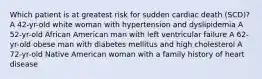 Which patient is at greatest risk for sudden cardiac death (SCD)? A 42-yr-old white woman with hypertension and dyslipidemia A 52-yr-old African American man with left ventricular failure A 62-yr-old obese man with diabetes mellitus and high cholesterol A 72-yr-old Native American woman with a family history of heart disease