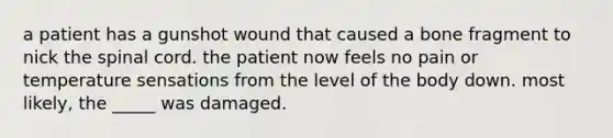 a patient has a gunshot wound that caused a bone fragment to nick <a href='https://www.questionai.com/knowledge/kkAfzcJHuZ-the-spinal-cord' class='anchor-knowledge'>the spinal cord</a>. the patient now feels no pain or temperature sensations from the level of the body down. most likely, the _____ was damaged.