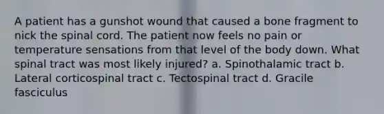 A patient has a gunshot wound that caused a bone fragment to nick <a href='https://www.questionai.com/knowledge/kkAfzcJHuZ-the-spinal-cord' class='anchor-knowledge'>the spinal cord</a>. The patient now feels no pain or temperature sensations from that level of the body down. What spinal tract was most likely injured? a. Spinothalamic tract b. Lateral corticospinal tract c. Tectospinal tract d. Gracile fasciculus