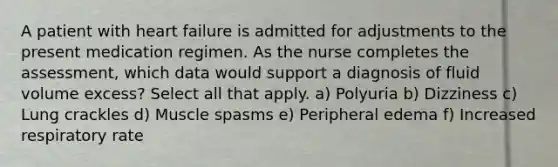 A patient with heart failure is admitted for adjustments to the present medication regimen. As the nurse completes the assessment, which data would support a diagnosis of fluid volume excess? Select all that apply. a) Polyuria b) Dizziness c) Lung crackles d) Muscle spasms e) Peripheral edema f) Increased respiratory rate