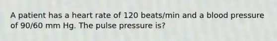 A patient has a heart rate of 120 beats/min and a blood pressure of 90/60 mm Hg. The pulse pressure is?