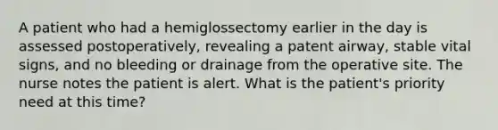 A patient who had a hemiglossectomy earlier in the day is assessed postoperatively, revealing a patent airway, stable vital signs, and no bleeding or drainage from the operative site. The nurse notes the patient is alert. What is the patient's priority need at this time?