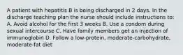 A patient with hepatitis B is being discharged in 2 days. In the discharge teaching plan the nurse should include instructions to: A. Avoid alcohol for the first 3 weeks B. Use a condom during sexual intercourse C. Have family members get an injection of immunoglobin D. Follow a low-protein, moderate-carbohydrate, moderate-fat diet