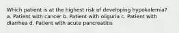 Which patient is at the highest risk of developing hypokalemia? a. Patient with cancer b. Patient with oliguria c. Patient with diarrhea d. Patient with acute pancreatitis