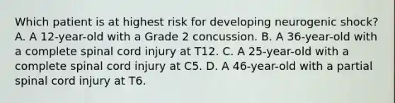 Which patient is at highest risk for developing neurogenic shock? A. A 12-year-old with a Grade 2 concussion. B. A 36-year-old with a complete spinal cord injury at T12. C. A 25-year-old with a complete spinal cord injury at C5. D. A 46-year-old with a partial spinal cord injury at T6.