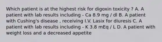 Which patient is at the highest risk for digoxin toxicity ? A. A patient with lab results including - Ca 8.9 mg / dl B. A patient with Cushing's disease , receiving I.V. Lasix for diuresis C. A patient with lab results including - K 3.8 mEq / L D. A patient with weight loss and a decreased appetite