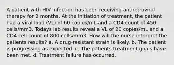 A patient with HIV infection has been receiving antiretroviral therapy for 2 months. At the initiation of treatment, the patient had a viral load (VL) of 60 copies/mL and a CD4 count of 450 cells/mm3. Todays lab results reveal a VL of 20 copies/mL and a CD4 cell count of 800 cells/mm3. How will the nurse interpret the patients results? a. A drug-resistant strain is likely. b. The patient is progressing as expected. c. The patients treatment goals have been met. d. Treatment failure has occurred.