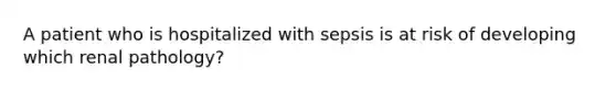 A patient who is hospitalized with sepsis is at risk of developing which renal pathology?