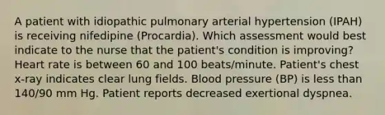 A patient with idiopathic pulmonary arterial hypertension (IPAH) is receiving nifedipine (Procardia). Which assessment would best indicate to the nurse that the patient's condition is improving? Heart rate is between 60 and 100 beats/minute. Patient's chest x-ray indicates clear lung fields. Blood pressure (BP) is less than 140/90 mm Hg. Patient reports decreased exertional dyspnea.