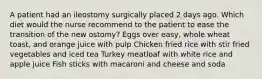 A patient had an ileostomy surgically placed 2 days ago. Which diet would the nurse recommend to the patient to ease the transition of the new ostomy? Eggs over easy, whole wheat toast, and orange juice with pulp Chicken fried rice with stir fried vegetables and iced tea Turkey meatloaf with white rice and apple juice Fish sticks with macaroni and cheese and soda