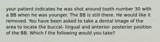 your patient indicates he was shot around tooth number 30 with a BB when he was younger. The BB is still there. He would like it removed. You have been asked to take a dental image of the area to locate the buccal- lingual and anterior- posterior position of the BB. Which f the following would you take?