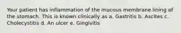 Your patient has inflammation of the mucous membrane lining of the stomach. This is known clinically as a. Gastritis b. Ascites c. Cholecystitis d. An ulcer e. Gingivitis