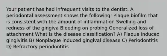 Your patient has had infrequent visits to the dentist. A periodontal assessment shows the following: Plaque biofilm that is consistent with the amount of inflammation Swelling and redness of the gingiva Bleeding on probing Generalized loss of attachment What is the disease classification? A) Plaque induced gingivitis B) Nonplaque induced gingival disease C) Periodontitis D) Refractory periodontitis