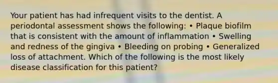 Your patient has had infrequent visits to the dentist. A periodontal assessment shows the following: • Plaque biofilm that is consistent with the amount of inflammation • Swelling and redness of the gingiva • Bleeding on probing • Generalized loss of attachment. Which of the following is the most likely disease classification for this patient?