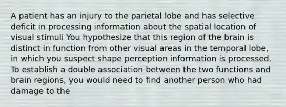 A patient has an injury to the parietal lobe and has selective deficit in processing information about the spatial location of visual stimuli You hypothesize that this region of the brain is distinct in function from other visual areas in the temporal lobe, in which you suspect shape perception information is processed. To establish a double association between the two functions and brain regions, you would need to find another person who had damage to the