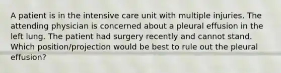 A patient is in the intensive care unit with multiple injuries. The attending physician is concerned about a pleural effusion in the left lung. The patient had surgery recently and cannot stand. Which position/projection would be best to rule out the pleural effusion?