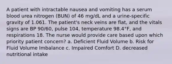 A patient with intractable nausea and vomiting has a serum blood urea nitrogen (BUN) of 46 mg/dL and a urine-specific gravity of 1.061. The patient's neck veins are flat, and the vitals signs are BP 90/60, pulse 104, temperature 98.4°F, and respirations 18. The nurse would provide care based upon which priority patient concern? a. Deficient Fluid Volume b. Risk for Fluid Volume Imbalance c. Impaired Comfort D. decreased nutritional intake