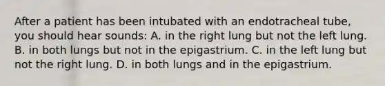 After a patient has been intubated with an endotracheal​ tube, you should hear​ sounds: A. in the right lung but not the left lung. B. in both lungs but not in the epigastrium. C. in the left lung but not the right lung. D. in both lungs and in the epigastrium.