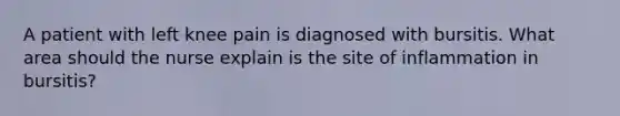 A patient with left knee pain is diagnosed with bursitis. What area should the nurse explain is the site of inflammation in bursitis?