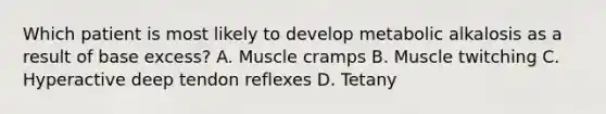 Which patient is most likely to develop metabolic alkalosis as a result of base excess? A. Muscle cramps B. Muscle twitching C. Hyperactive deep tendon reflexes D. Tetany