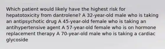 Which patient would likely have the highest risk for hepatotoxicity from dantrolene? A 32-year-old male who is taking an antipsychotic drug A 45-year-old female who is taking an antihypertensive agent A 57-year-old female who is on hormone replacement therapy A 70-year-old male who is taking a cardiac glycoside