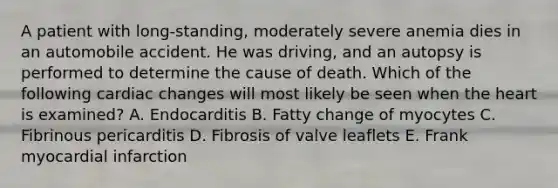 A patient with long-standing, moderately severe anemia dies in an automobile accident. He was driving, and an autopsy is performed to determine the cause of death. Which of the following cardiac changes will most likely be seen when the heart is examined? A. Endocarditis B. Fatty change of myocytes C. Fibrinous pericarditis D. Fibrosis of valve leaflets E. Frank myocardial infarction