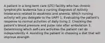 A patient in a long-term care (LTC) facility who has chronic lymphocytic leukemia has a nursing diagnosis of Activity Intolerance related to weakness and anemia. Which nursing activity will you delegate to the UAP? 1. Evaluating the patient's response to normal activities of daily living 2. Checking the patient's blood pressure and pulse rate after ambulation 3. Determining which self-care activities the patient can do independently 4. Assisting the patient in choosing a diet that will improve strength