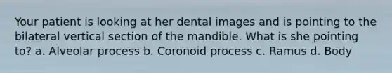 Your patient is looking at her dental images and is pointing to the bilateral vertical section of the mandible. What is she pointing to? a. Alveolar process b. Coronoid process c. Ramus d. Body