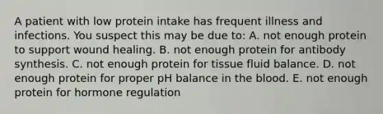 A patient with low protein intake has frequent illness and infections. You suspect this may be due to: A. not enough protein to support wound healing. B. not enough protein for antibody synthesis. C. not enough protein for tissue fluid balance. D. not enough protein for proper pH balance in the blood. E. not enough protein for hormone regulation