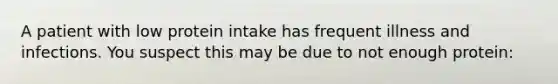 A patient with low protein intake has frequent illness and infections. You suspect this may be due to not enough protein: