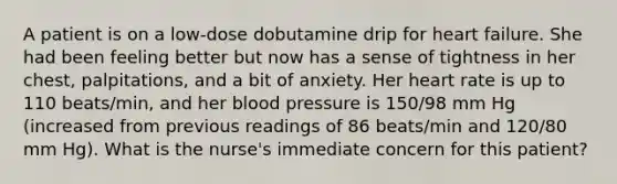 A patient is on a low-dose dobutamine drip for heart failure. She had been feeling better but now has a sense of tightness in her chest, palpitations, and a bit of anxiety. Her heart rate is up to 110 beats/min, and her blood pressure is 150/98 mm Hg (increased from previous readings of 86 beats/min and 120/80 mm Hg). What is the nurse's immediate concern for this patient?