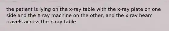 the patient is lying on the x-ray table with the x-ray plate on one side and the X-ray machine on the other, and the x-ray beam travels across the x-ray table