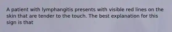 A patient with lymphangitis presents with visible red lines on the skin that are tender to the touch. The best explanation for this sign is that