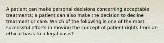 A patient can make personal decisions concerning acceptable treatments; a patient can also make the decision to decline treatment or care. Which of the following is one of the most successful efforts in moving the concept of patient rights from an ethical basis to a legal basis?