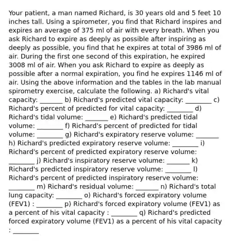 Your patient, a man named Richard, is 30 years old and 5 feet 10 inches tall. Using a spirometer, you find that Richard inspires and expires an average of 375 ml of air with every breath. When you ask Richard to expire as deeply as possible after inspiring as deeply as possible, you find that he expires at total of 3986 ml of air. During the first one second of this expiration, he expired 3008 ml of air. When you ask Richard to expire as deeply as possible after a normal expiration, you find he expires 1146 ml of air. Using the above information and the tables in the lab manual spirometry exercise, calculate the following. a) Richard's vital capacity: _______ b) Richard's predicted vital capacity: ________ c) Richard's percent of predicted for vital capacity: ________ d) Richard's tidal volume: _______ e) Richard's predicted tidal volume: ________ f) Richard's percent of predicted for tidal volume: ________ g) Richard's expiratory reserve volume: _______ h) Richard's predicted expiratory reserve volume: ________ i) Richard's percent of predicted expiratory reserve volume: ________ j) Richard's inspiratory reserve volume: _______ k) Richard's predicted inspiratory reserve volume: ________ l) Richard's percent of predicted inspiratory reserve volume: ________ m) Richard's residual volume: _______ n) Richard's total lung capacity: ________ o) Richard's forced expiratory volume (FEV1) : ________ p) Richard's forced expiratory volume (FEV1) as a percent of his vital capacity : ________ q) Richard's predicted forced expiratory volume (FEV1) as a percent of his vital capacity : ________