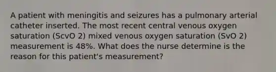 A patient with meningitis and seizures has a pulmonary arterial catheter inserted. The most recent central venous oxygen saturation (ScvO 2) mixed venous oxygen saturation (SvO 2) measurement is 48%. What does the nurse determine is the reason for this patient's measurement?