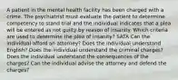 A patient in the mental health facility has been charged with a crime. The psychiatrist must evaluate the patient to determine competency to stand trial and the individual indicates that a plea will be entered as not guilty by reason of insanity. Which criteria are used to determine the plea of insanity? SATA Can the individual afford an attorney? Does the individual understand English? Does the individual understand the criminal charges? Does the individual understand the consequences of the charges? Can the individual advise the attorney and defend the charges?