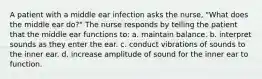 A patient with a middle ear infection asks the nurse, "What does the middle ear do?" The nurse responds by telling the patient that the middle ear functions to: a. maintain balance. b. interpret sounds as they enter the ear. c. conduct vibrations of sounds to the inner ear. d. increase amplitude of sound for the inner ear to function.