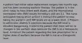 A patient had mitral valve replacement surgery two months ago, and has been receiving warfarin therapy. The patient is in the clinic today to have blood work drawn, and the international normalized ratio (INR) results for today's visit are 3.1. The nurse anticipates taking which action? 1 Instruct the patient to stop taking the warfarin until INR levels are at a lower level. 2 Prepare to administer vitamin K injections because the INR level is elevated dangerously. 3 Inform the patient that there will be no changes in the warfarin dose because the INR is at a therapeutic level. 4 Instruct the patient regarding the new prescription for a higher dose of warfarin because the INR is not at a therapeutic level.